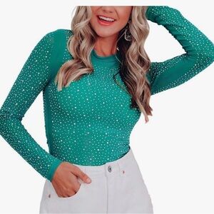 Green Rhinestone Long Sleeve Bodysuit